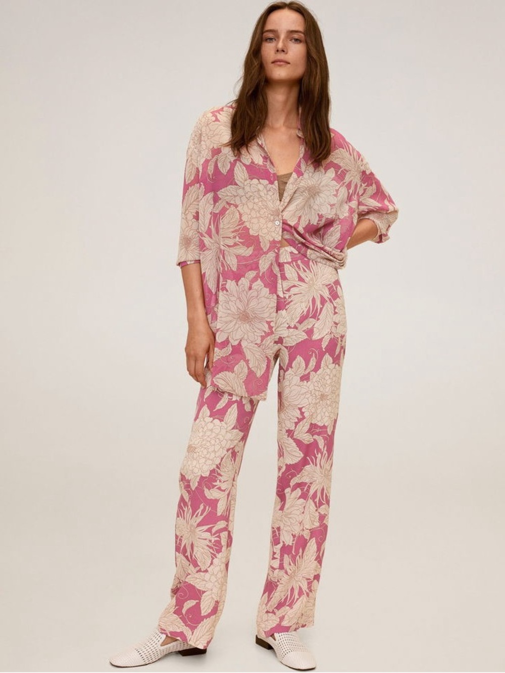 MANGO Cream & Pink Floral Print Lightweight Wide Leg Pants with Pockets Medium